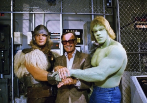 Comics impresario Stan Lee, center, poses with Lou Ferrigno, right, and Eric Kramer who portray ?The Incredible Hulk? and Thor, respectively, in a special movie for NBC, ?The Incredible Hulk Returns,? May 9, 1988, Los Angeles, Calif. Lee says the secret of successfully transferring comic book characters to television is to avoid making it a carbon copy. (AP Photo/Nick Ut)